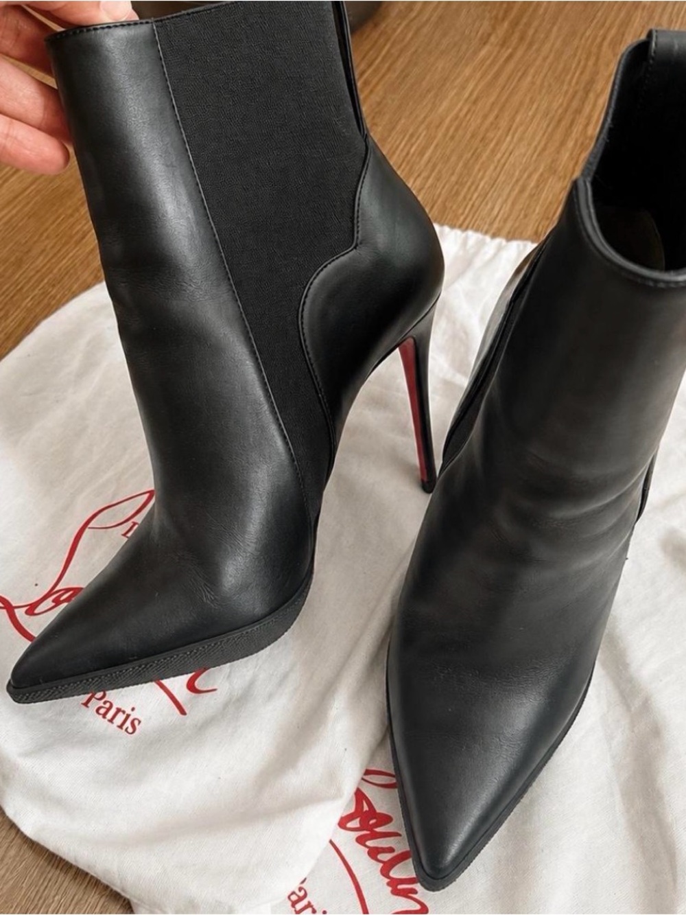 Christian Louboutin Black Leather Pointed Toe Stiletto Ankle Boots with Red Sole